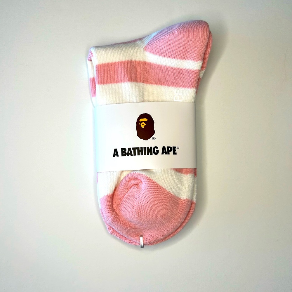 A Bathing Ape New Stripe Crew Socks Large Pink White